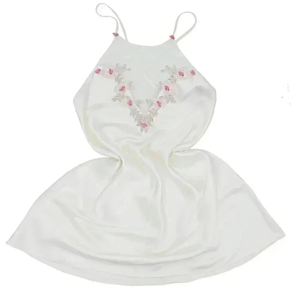 reworked by COLLECTOR OF VISION Dresses & Skirts - Reworked White & Pink Rose‎ Slip Short Dress Size Small Bridal Satin Slip Dress